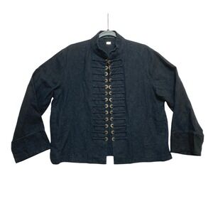 Peacock Ways Military Style Jacket Womens L Black 100% Linen Frog Closure